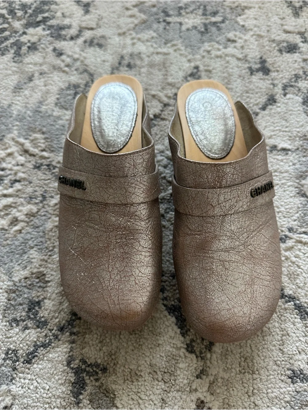 Chanel Metallic Silver Crack Leather Wooden Clogs Size 38